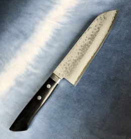 源明利　ステンⅤ金10ダマスカス三徳庖丁　口金付　「彩流」170mm