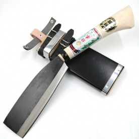 玉日本　左利き用ソフト鞘入鉈　165mm　片刃　黒打　（コブ付鞘・皮バンド付）