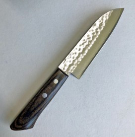 越前中庄　「漣」　小三徳　ステンＶ１鋼割込・鎚目打　ブラウンアッシュ柄　130ｍｍ
